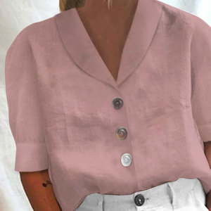 JFN Cotton Loose Shawl Collar Buttoned Short Sleeve Blouse, JustFashionNow Shirts, color:Pink|size:XXL,