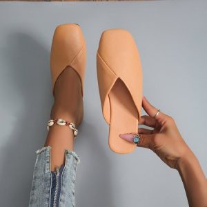 Simple Plain Slip On Flat Heel Slide Sandals, Sandals, color:Khaki|size:43, Noracora