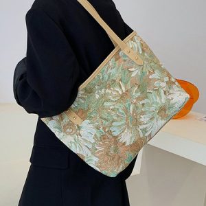 Art Flower Oil Painting Cloth Large Capacity Tote Bag, Bags, color:Khaki|size:One-size, Noracora