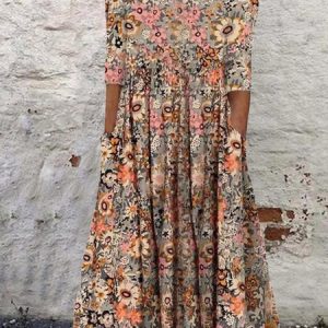 Crew Neck Floral Loose Casual Dress With No, Dresses, color:flower|size:3XL, JustFashionNow