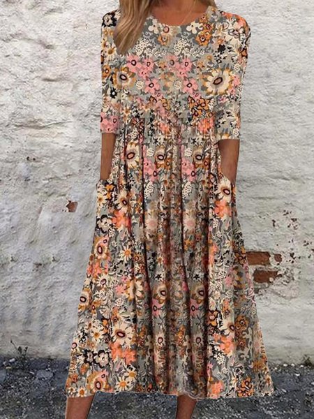 Crew Neck Floral Loose Casual Dress With No, Dresses, color:flower|size:3XL, JustFashionNow
