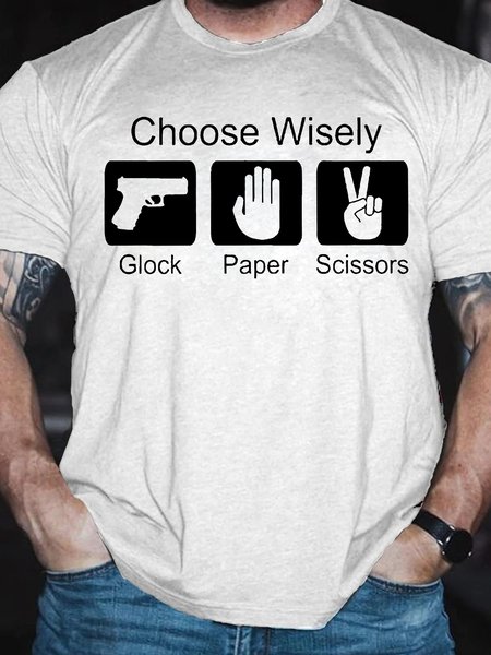 Men's Funny Choose Wisely Glock Paper Scissors Graphic Printing Casual Loose Text Letters Cotton T-Shirt, color:White|size:3XL, Lilicloth.com
