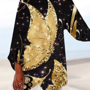 Loose Crew Neck Casual Butterfly Shirt, Shirts & Blouses, color:Black|size:XXL, JustFashionNow