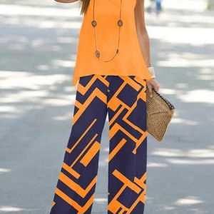 Geometric Simple Crew Neck Two-Piece Set, Suit Set, color:Orange|size:XXL, JustFashionNow