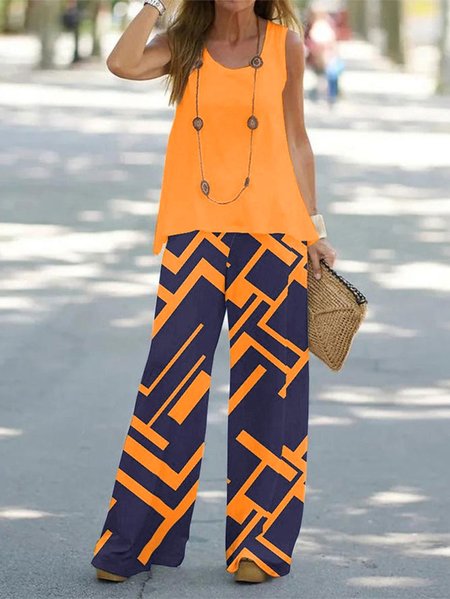 Geometric Simple Crew Neck Two-Piece Set, Suit Set, color:Orange|size:XXL, JustFashionNow