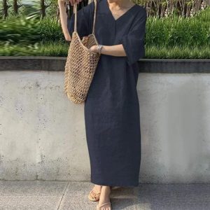 Women Plain V Neck Half Sleeve Comfy Casual Maxi Dress, Maxi, color:Deep Blue|size:5XL, Noracora