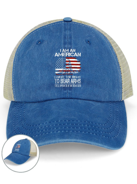 Men's I Am An American I Have The Right To Bear Arms Your Approval Is Not Required Funny Graphic Printing Independence Day Washed Mesh-back Baseball Cap, color:Blue|size:One-size, Lilicloth.com
