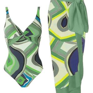 Casual Abstract Printing V Neck One Piece With Cover Up, Swimsuit with Cover Ups, color:Green|size:XXL, Noracora