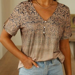 V Neck Loose  Ethnic T-Shirt, T-Shirts, color:Khaki|size:XXL, JustFashionNow