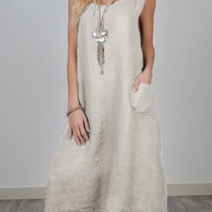 Women Summer Sleeveless Midi Weaving Dress Crew Neck  A-Line Daily Cotton Plain Weaving Dress, Casual Dresses, color:Beige|size:5XL, JustFashionNow