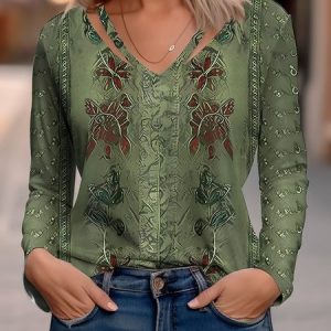 V Neck Ethnic Casual Loose T-Shirt, T-Shirts, color:Green|size:XXL, JustFashionNow