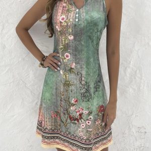 Women Casual Mini Dress Green Strap Print V Neck Sleeveless Loose Short Dress, Short, color:Multicolor|size:XS, catalog Noracora shop