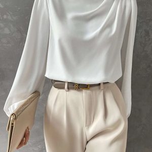 Stand Collar Elegant Plain Regular Fit Blouse, Blouses and Shirts, color:White|size:XXL, Stylewe
