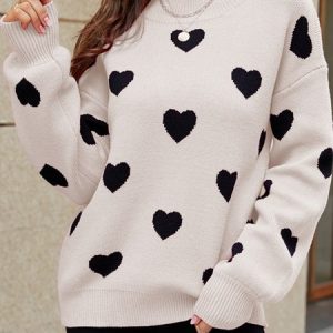 Heart/Cordate Crew Neck Casual Loose Sweater, Sweaters, color:Off White|size:XL, JustFashionNow