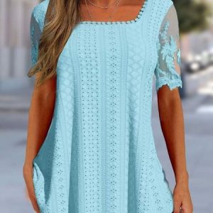 Casual Square Neck Lace T-Shirt, TOPS, color:Light Blue|size:4X, Noracora