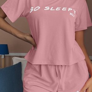 Regular Fit Letter Pattern Casual Pajama Set, Pajamas, color:pink-gray|size:XL, Noracora