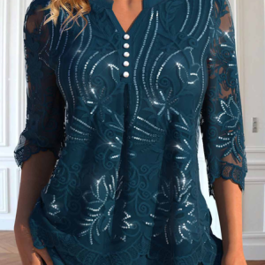Elegant V Neck Plain Loose Shirt, Shirts & Blouses, color:Dark Blue|size:XXL, JustFashionNow