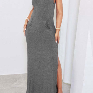 Regular Fit High Elasticity Sleeveless Urban Plain Crew Neck Maxi Dress, Maxi Dresses, color:Gray|size:XL, Stylewe