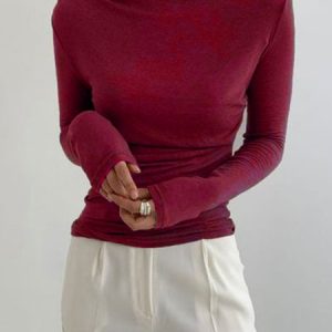 Long Sleeve Skinny Lady Solid Top, Tees, color:Wine Red|size:XS, Stylewe