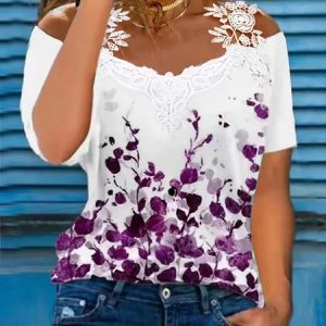 Women's Casual Floral V Neck Lace Cotton Blends Short Sleeve Top T-shirt, Blouses, color:Rose|size:XXL, Noracora