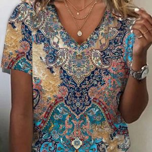 V Neck Loose Ethnic Casual T-Shirt, T-shirts, color:Blue|size:XXL, Noracora