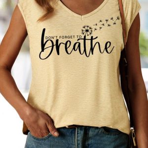 Women's Don't Forget to Breathe Casual V Neck Tank Top, color:Khaki|size:3XL, Lilicloth.com