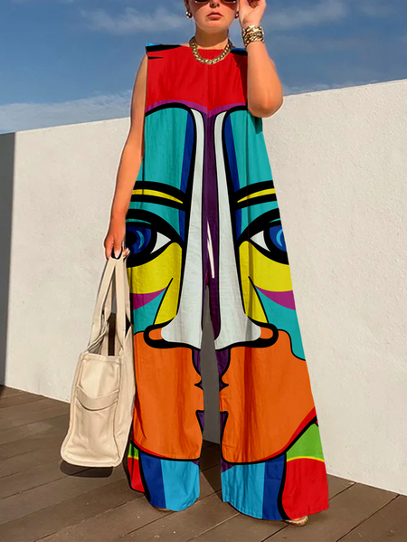 Plus Size Vacation Abstract Crew Neck Jumpsuit, Plus Jumpsuits, color:As Picture|size:4X, Stylewe