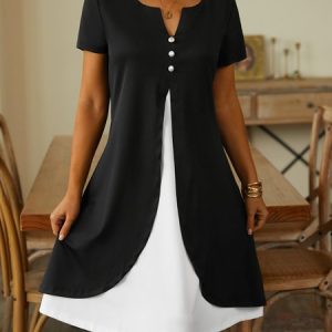 Casual Loose Color Block Mock Two-Piece Dress, Dresses, color:Black|size:XXL, JustFashionNow
