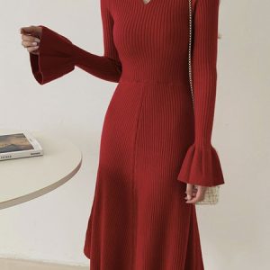 Midi Long sleeve Crew Neck Flare Sleeve Elegant Dress, Midi Dresses, color:Red|size:XXL, Stylewe