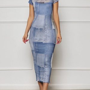 Regular Fit Half Turtleneck Geometric Urban Dress, Midi Dresses, color:Blue|size:XXL, Stylewe