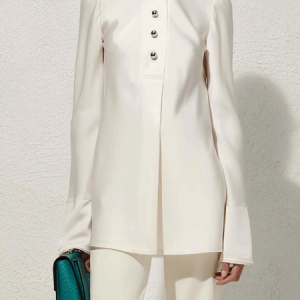 Regular Fit Stand Collar Long Sleeve Urban Plain Blouse, Blouses and Shirts, color:Off White|size:XXL, Stylewe