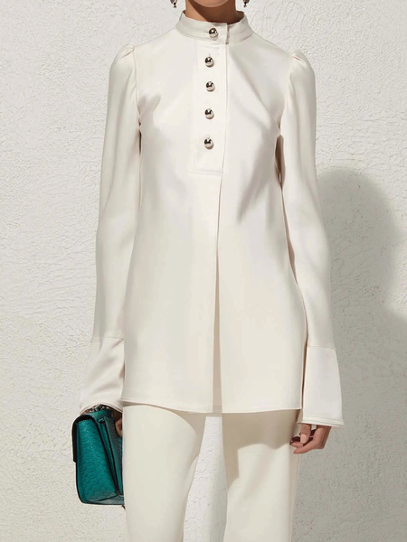 Regular Fit Stand Collar Long Sleeve Urban Plain Blouse, Blouses and Shirts, color:Off White|size:XXL, Stylewe