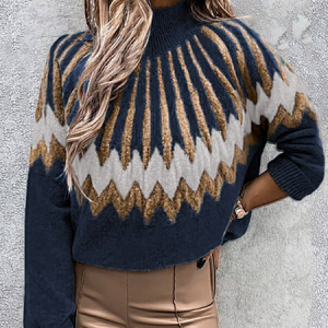 Women Wool/Knitting Ethnic Geometry Long Sleeve Comfy Casual Sweater, Sweaters, color:Purplish blue|size:3XL, Noracora