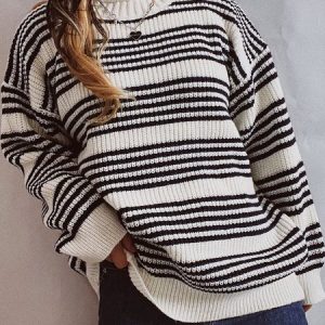 Casual Striped Crew Neck Regular Fit Sweater, Sweaters, color:White|size:XL, JustFashionNow
