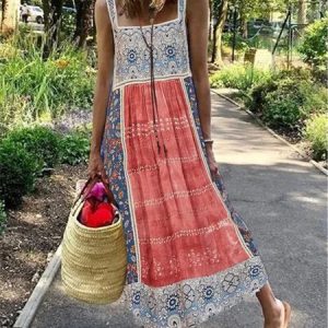 Casual Ethnic Square Neck Sleeveless Loose Dresses, Midi, color:Red|size:XXL, Noracora