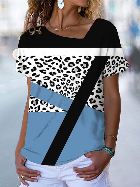 Casual Geometric Square Neck Regular Fit T-Shirt, T-Shirts, color:Blue|size:3XL, JustFashionNow