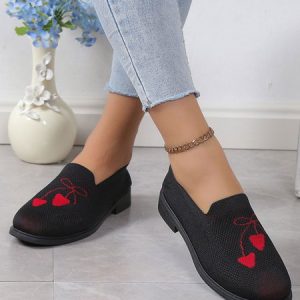 Christmas New Year Heart Bell Print Comfortable Fly Weave Loafers, Flats, color:Black|size:42, JustFashionNow