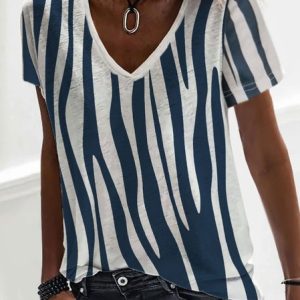 V Neck Short Sleeve Casual Abstract T-Shirt, T-Shirts, color:white-blue|size:XS, JustFashionNow