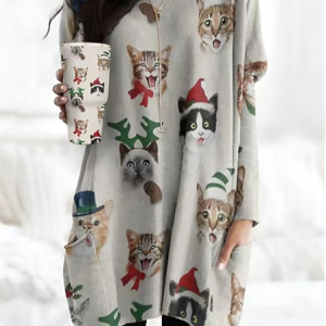 Christmas Casual Crew Neck Cat Dress, Dresses, color:Gray|size:XXL, JustFashionNow