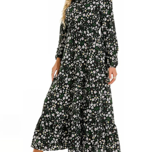 Women Floral Crew Neck Long Sleeve Comfy Casual Maxi Dress, Maxi, color:Green|size:XXL, Noracora