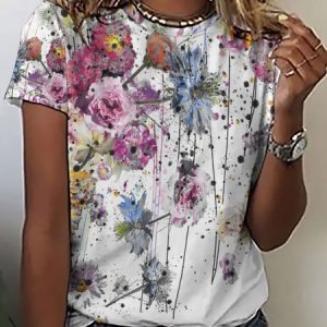 Casual Abstract Floral Print Crew Neck T-shirt, color:As Picture|size:3XL, Lilicloth.com