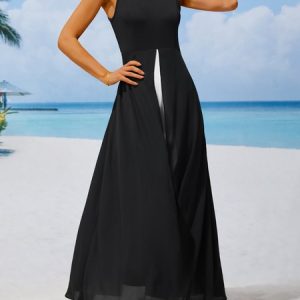 Contrast Black Round Neck Sleeveless Jumpsuit, Jumpsuits＆Rompers, color:Khaki|size:XXL, JustFashionNow