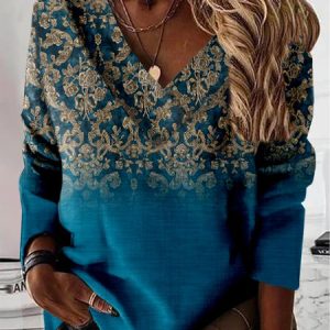 Ethnic Long Sleeve V Neck Casual Tunic Sweatshirt, Hoodies & Sweatshirts, color:Blue|size:XXL, Noracora