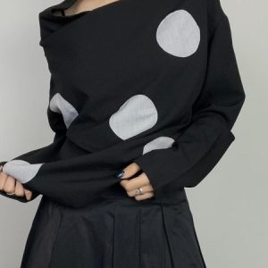 Polka Dots Regular Fit Boat Neck Urban Shirt, Blouses and Shirts, color:Black-white|size:XXL, Stylewe
