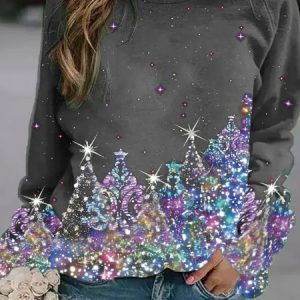 Women's Black Sweatshirt Colorful Christmas Tree Printed, Sweatshirts & Hoodies, color:Gray|size:XXL, JustFashionNow