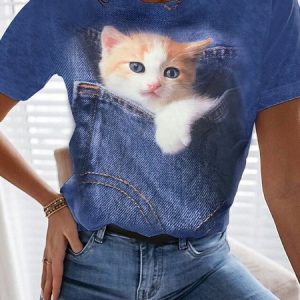 Cute And Funny Cat Casual Knitted T-Shirt, T-Shirts, color:Blue|size:XXL, JustFashionNow