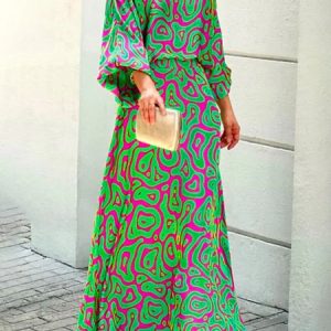 Green Long sleeve Lantern Sleeve Regular Fit Vacation Dress, Maxi Dresses, color:Green|size:XS, Stylewe