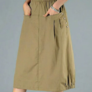 Casual Plain H-Line Natural Midi Skirt, Skirts, color:Khaki|size:XXL, Noracora