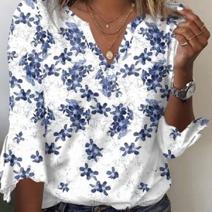 Casual Floral V Neck Three Quarter Sleeve T-shirt, T-shirts, color:White|size:XXL, Noracora