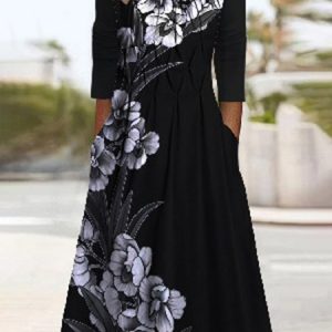 Casual Floral Square Neck Regular Fit Dress, Dresses, color:Black|size:3XL, JustFashionNow